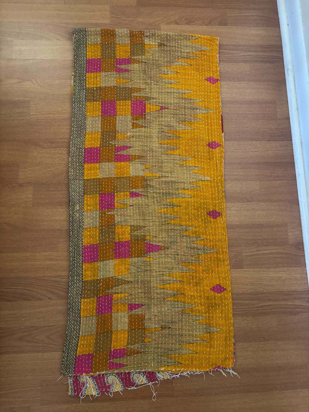 Beautiful Reversible Kantha Scarf in pink, red, yellow and blue - Picture 9 of 15